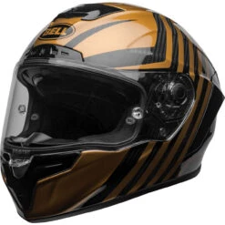 Bell Race Star Flex DLX Helmet - Gloss Black/Gold -Cycling Apparel Store bell race star flex dlx street helmet matte gloss black gold front left clear shield 26836.1609350978